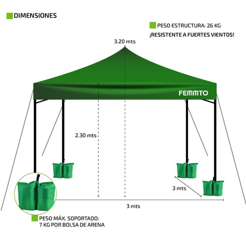 Imagen 4 de 10 de Gazebo Para Playa 3x3 Metros Autoarmable Plegable Reforzado