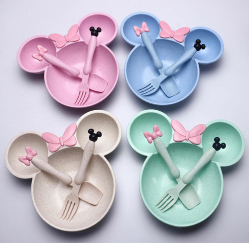 Plato Para Bebé Set 3 Piezas Minnie Plato, Cuchara Y Tenedor Color Verde