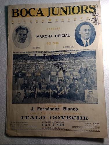 Musica Partitura Original De La Marcha De Boca Juniors 1944