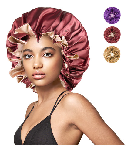 Gorro De Satín Para Dormir Y Proteger El Cabello Doble Capa Rojo Vino