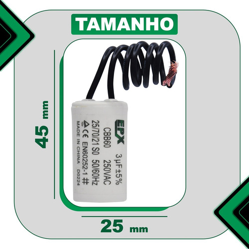 Capacitor Permanente 3uf 250v 2 Fios Cbb60 Motor Eletrico