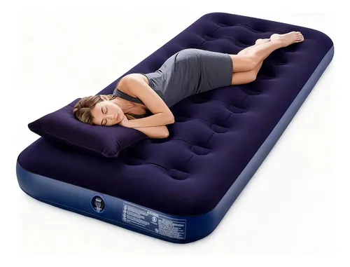 Colchon Cama Inflable Individual Camping Portatil Aire Azul Marino