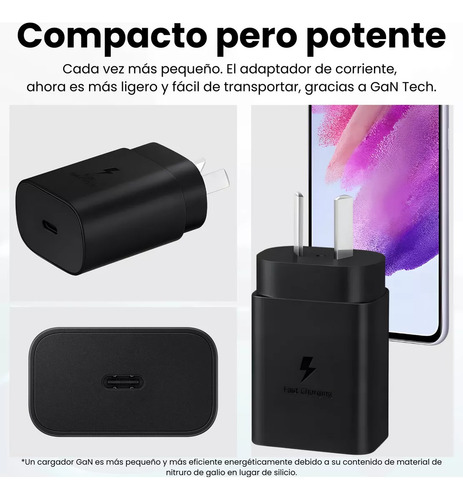 Cargador Original 25w + Cable Para Samsung A15 A25 A35 A55 Negro