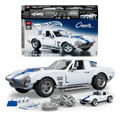 Caixa do produto Mattel Brick Shop Elite Corvette Grand Sport ao lado do modelo montado