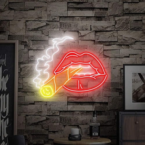 Letrero Led Neon Cigarro Boca Fumador 31*77cm Luminoso