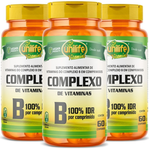 Kit 3 Vitaminas Complexo B Unilife - 60 Comprimidos 500mg