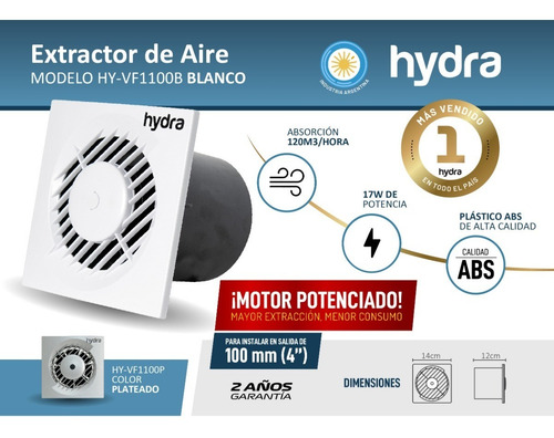 Imagen 2 de 10 de Extractor De Aire Baño Cocina 10 Cm Potenciado Hydra Vf1100b