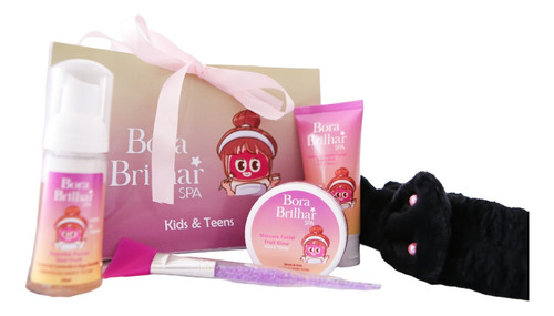 Máscara Facial Rosa Com Brilho Para Criança + Kit Skincare