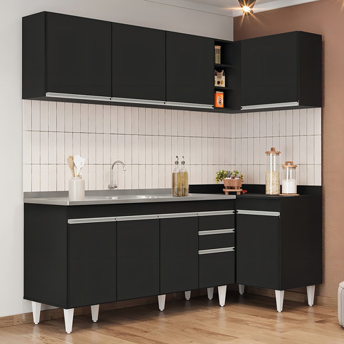 Armário Cozinha De Canto Esquerdo 4 Peças Cp51 Com Pia Inox Pto Cor Preto