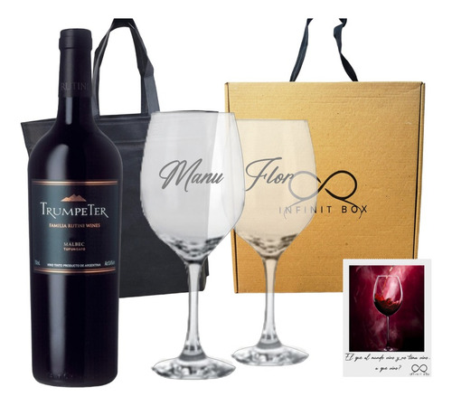 Box Regalo Vino Trumpeter Malbec + 2 Copas Vidrio Grabadas