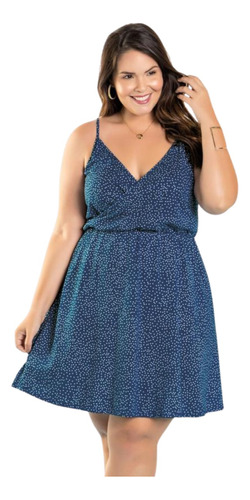 Vestido Plus Size Com Alças Transpassado Azul Poá - 2749827