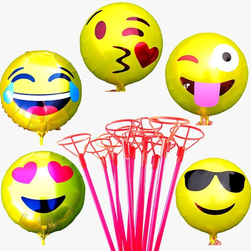 Set 36 Globos Grandes Cumpleaños Niños Smile Emoji Con Varas