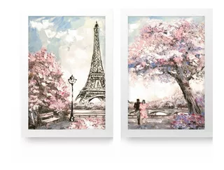 Kit 2 Quadros Decorativos C/ Vidro Paris Torre Eiffel