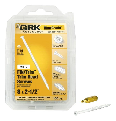 Grk Sujetadores  Blanco Fin/trim #8 X 2-1/2  Tornillos 100ct