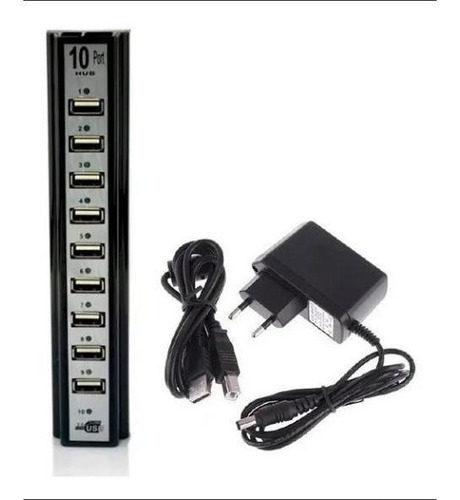 Imagem 1 de 3 de Hub Com 10 Portas Usb 2.0 + Fonte Alimentação