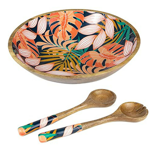 Set De Ensaladera De Madera Grande  12  - Tongs Y Bowl Flora