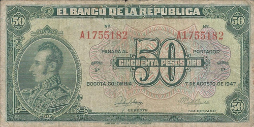 Colombia 50 Pesos Oro 7 Agosto 1947