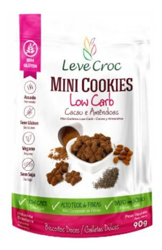 Cookie Low Carb De Cacau Amêndoas Sem Glúten Leve Crock 90g