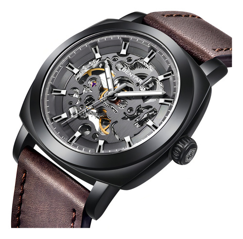 Benyar Hombres Ahuecan Los Relojes Mecánicos De Cuero Color Del Fondo Black/gray