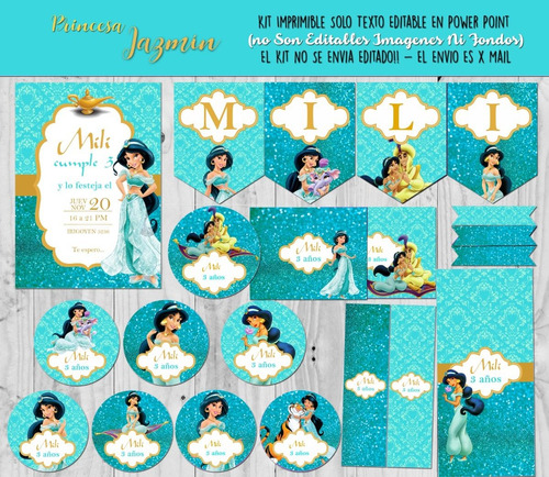 Kit Imprimible  Princesa Jazmin Turquesa Con Texto Editable!