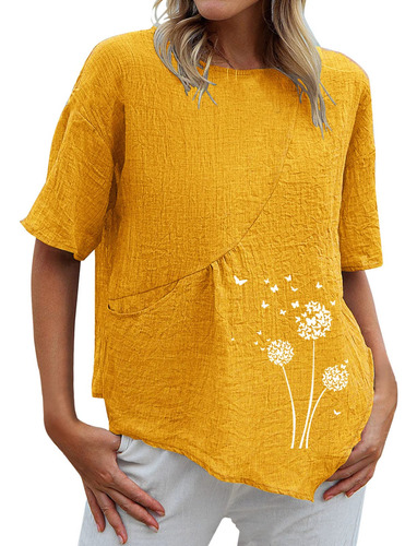 Blusa Campesina Para Mujer Punto Algodon Lino Cuello Redondo