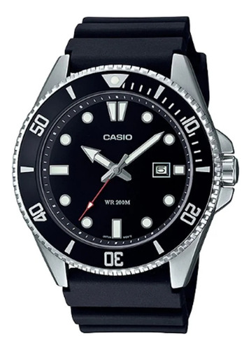 Relógio de pulso Casio MDV-107 com corpo prata, analógico, fundo preto, com correia de resina cor preto, agulhas cor branco e prata e vermelho, subdials de cor branco e prata, ponteiro de minutos/segu