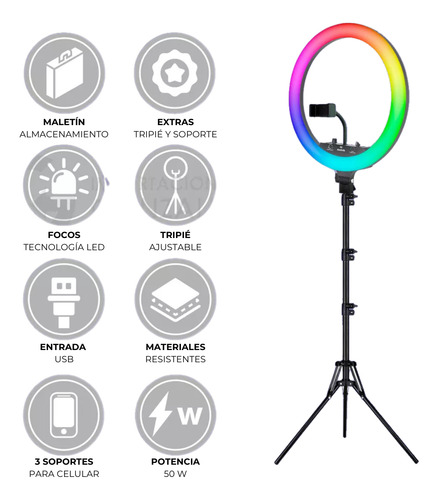 Lámpara Aro Luz Led Touch 18 PuLG Rgb Maletín Control 3 Cel