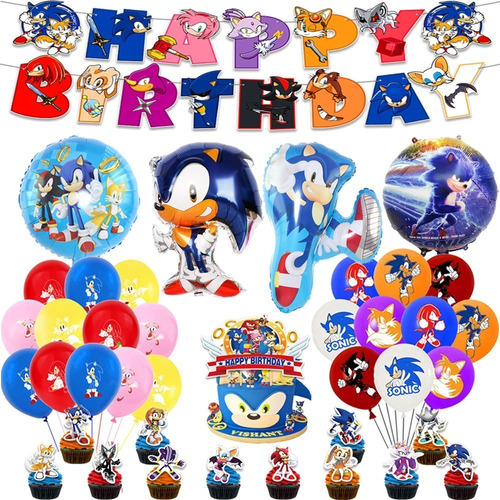 Set Cotillón Cumpleaños Sonic Tails Knuckles Globos Cupcake