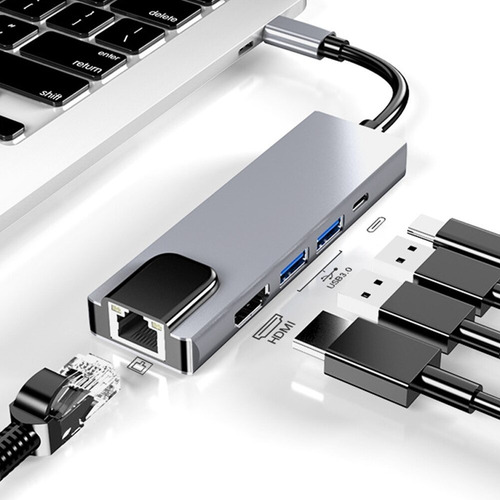 Hub Usb Tipo C 5 En 1 Ethernet, 2 Usb3.0, Hdmi Y Usb Tipo C