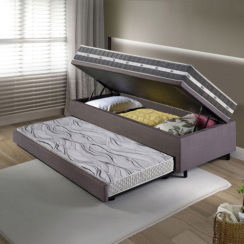 Bicama Box Baú 88x188 Suede Cinza Com Colchão Black Anjos