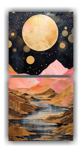 40x20cm Cuadro Decorativo Luna Y Montañas, Conjunto 2 Arte 