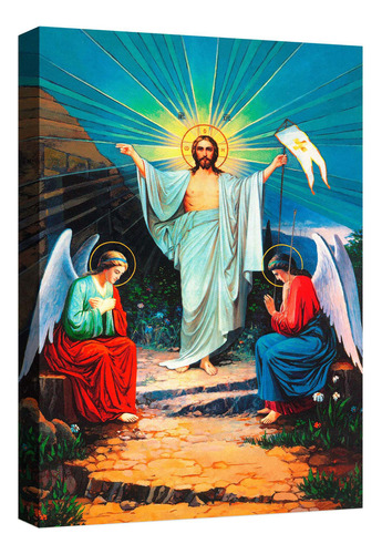 Cuadro Decorativo Canvas Moderno Cristo Cruz Angeles Color Cristo Resucitado Armazón Natural