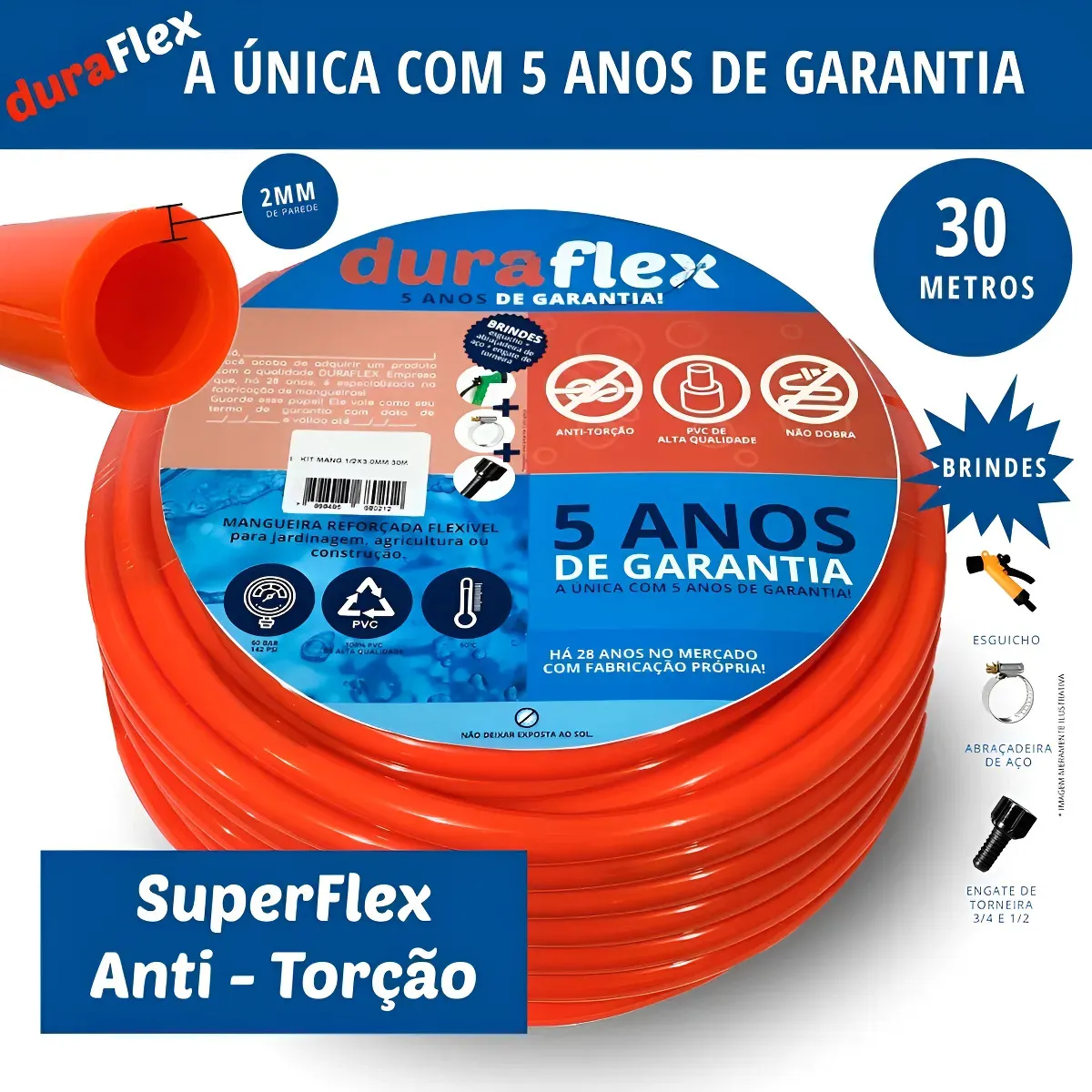 Mangueira de Jardim 30mts Duraflex Reforçada Ultra Resistente Laranja Siliconada AntiDobra