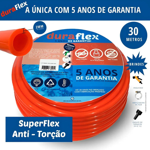 Mangueira de Jardim 30mts Duraflex Reforçada Ultra Resistente Laranja Siliconada AntiDobra