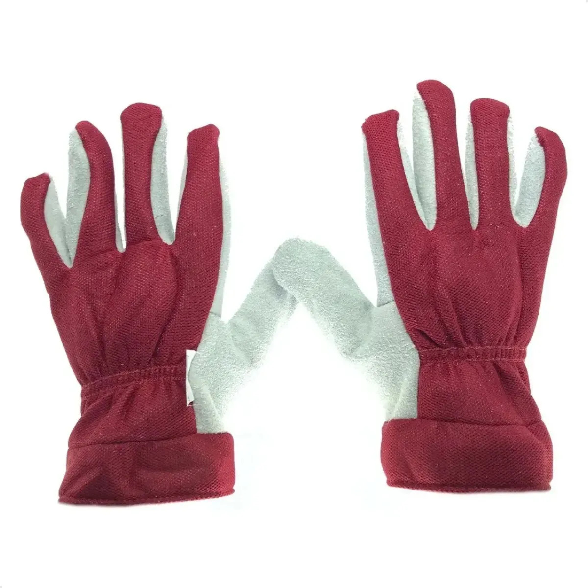 Par Luva Jardinagem Operador Motosserra Nylon Raspa De Couro Vermelho E Branco