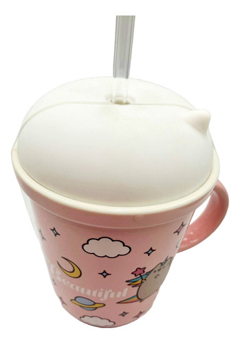 Taza Cerámica De Pusheen Con Tapa Y Popote 360ml Color Rosa Claro