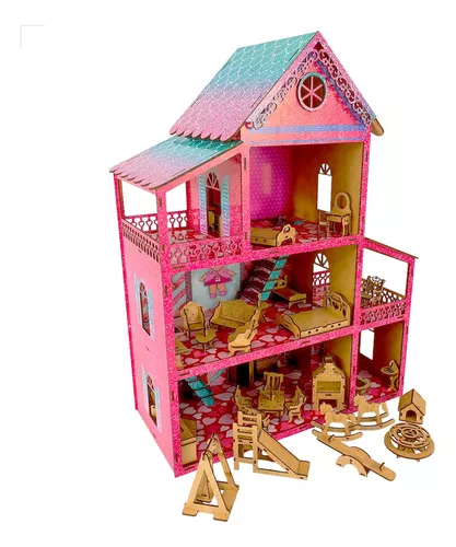 Casinha De Boneca Grande 60cm De Madeira + Kit Mini Moveis 36 pçs