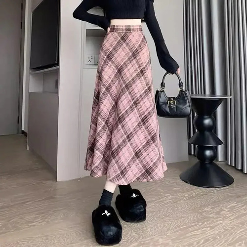 Falda Midi En Forma De A A Cuadros Rosa Para Mujer Elegante