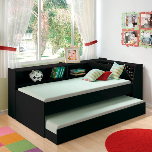 Cama Solteiro Bicama com Estante Ditália BB-28-29 Preto