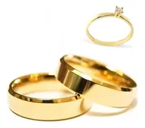 Comprar Par  Aliança Casamento Banhado A Ouro 18k 6mm+anel Solitário