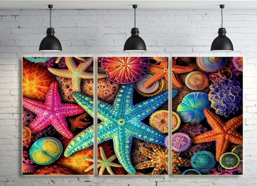 Cuadro Decorativ Estrellas De Mar Recamara  Triptico  50x90