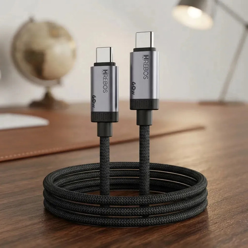 Cabo Usb-c 60w 2 Metros Hrebos Turbo Trançado Reforçado Preto