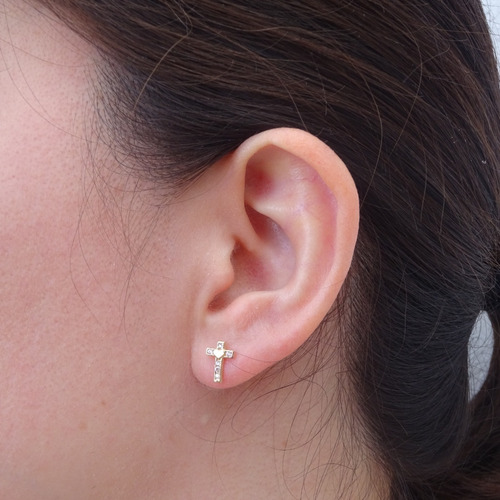 Amor Eterno - Broquel Aretes Cruz Corazón Diamante / Oro 10k