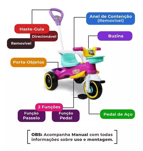 Triciclo Infantil com Empurrador Motoca Passeio Velotrol