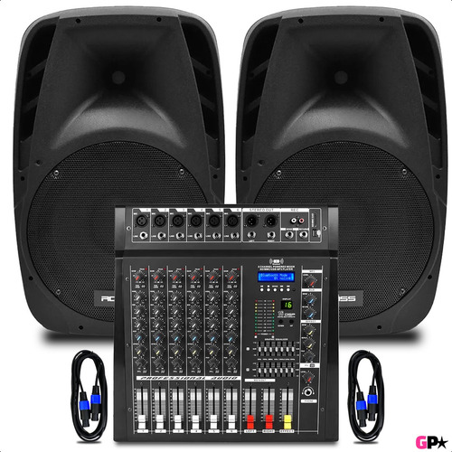 Sistema De Sonido 600w Mixer 6ch Potenciada 2 Bafles Cables