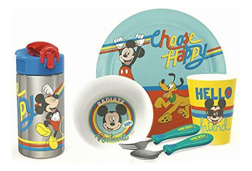 Zak Designs Disney Vajilla Incluye Plato, Cuenco, Vaso, Color Mickey Mouse rainbow