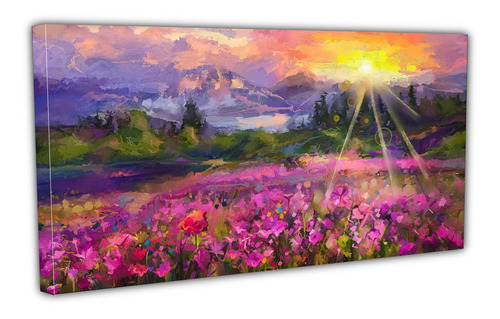 Cuadro Lienzo Canvas 30x110cm Campo Flores Atardecer Oleo