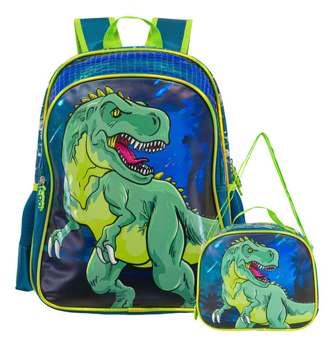 Kit De Mochila Escolar + Lunchera T-go Para Nene Niños Dino T-rex 16 Pulgadas
