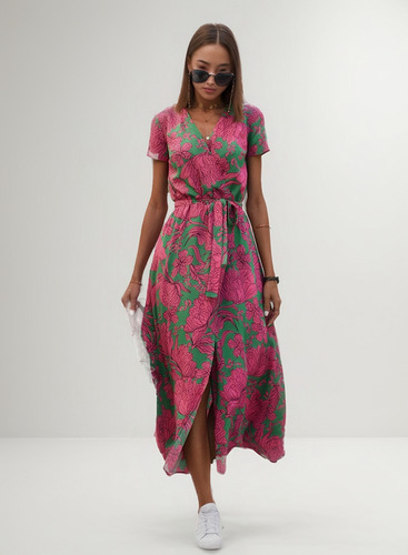 Vestido Midi De Manga Corta Con Cuello En V Y Cintura Anudad