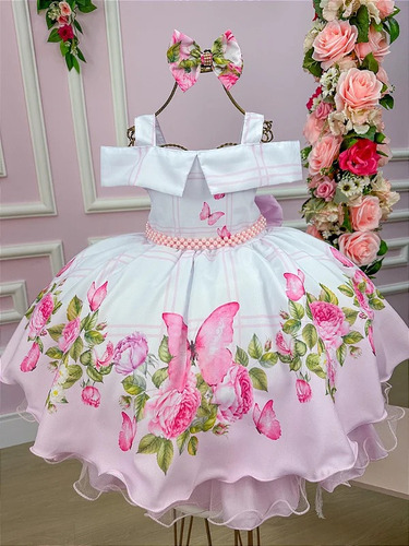 Vestido Con Manga Princesa Rosa Floral Blanco Con Mariposas 